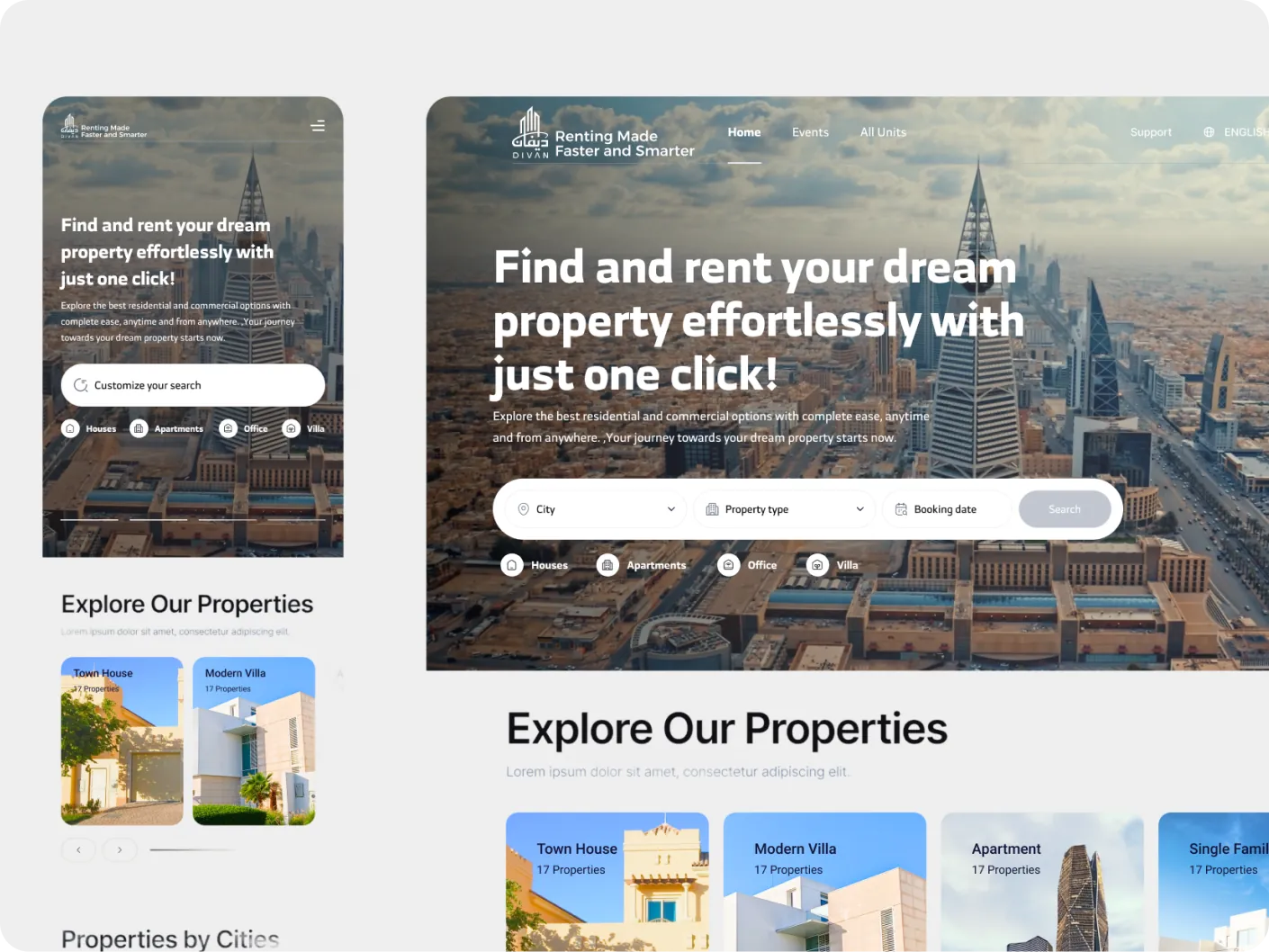 Real estate property listings platform with search and city filters